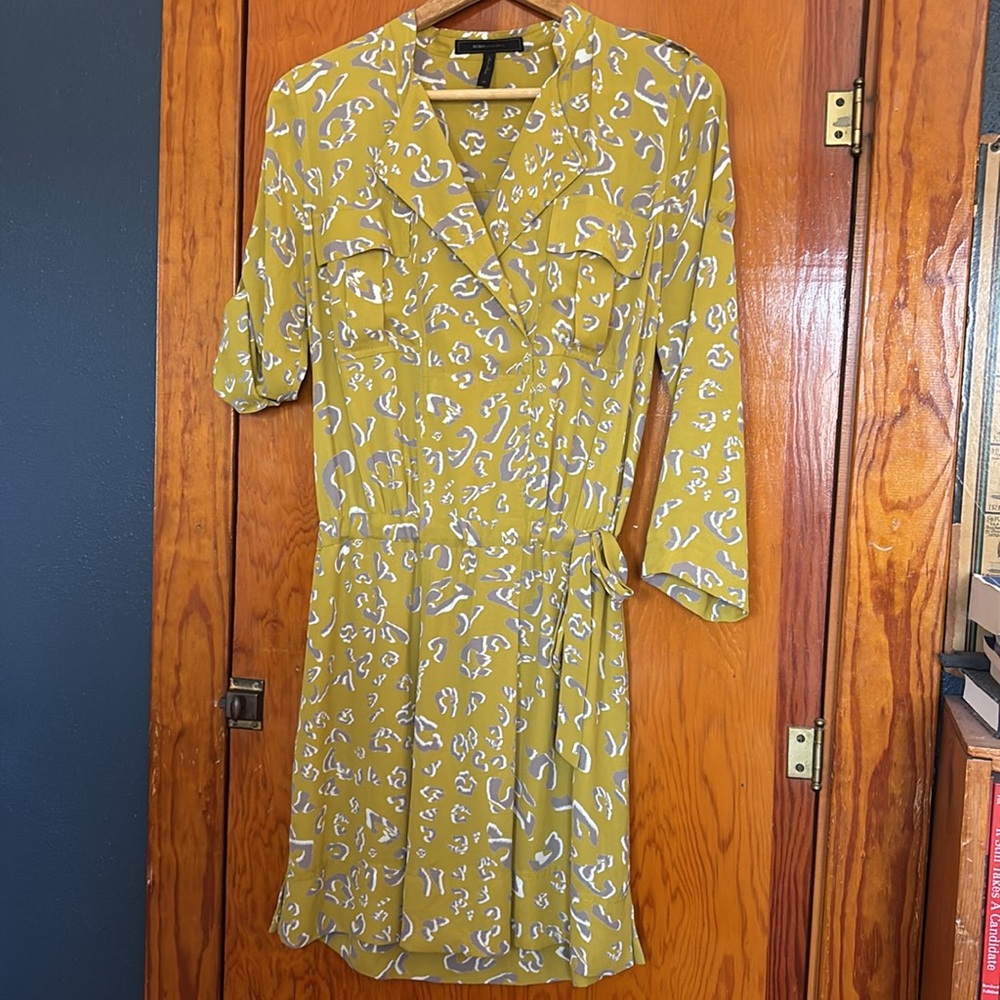 BCBGMaxAzria Dill Green Leopard Print Surplice Oversized Shirt Dress Size XS